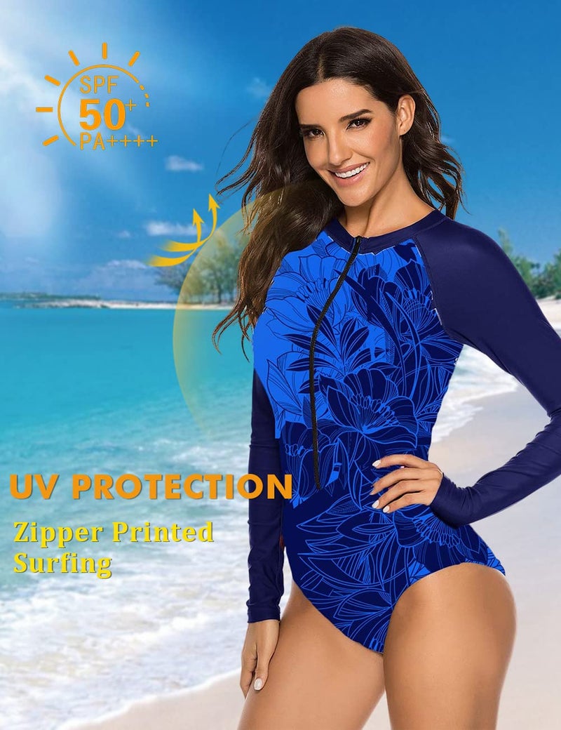 SELINK Women's Long Sleeve Rash Guard UV Protection Zipper Printed Surfing One Piece Swimsuit Bathing Suit Blue Print S - Image 2